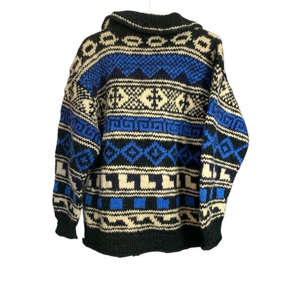 Blue, Cream and Black Patterned Sweater, Heavy, 100% wool, Oversize - Picture 2 of 10